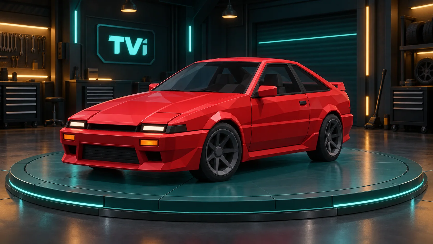 The finished red coupe lit on the turntable, front three-quarter