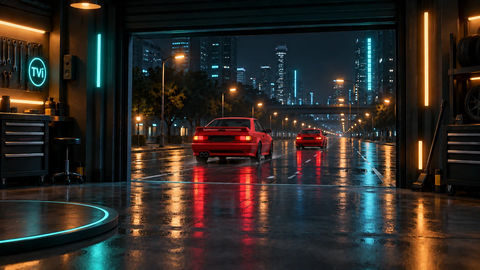 Two cars leaving the TVi bay onto a wet street at night